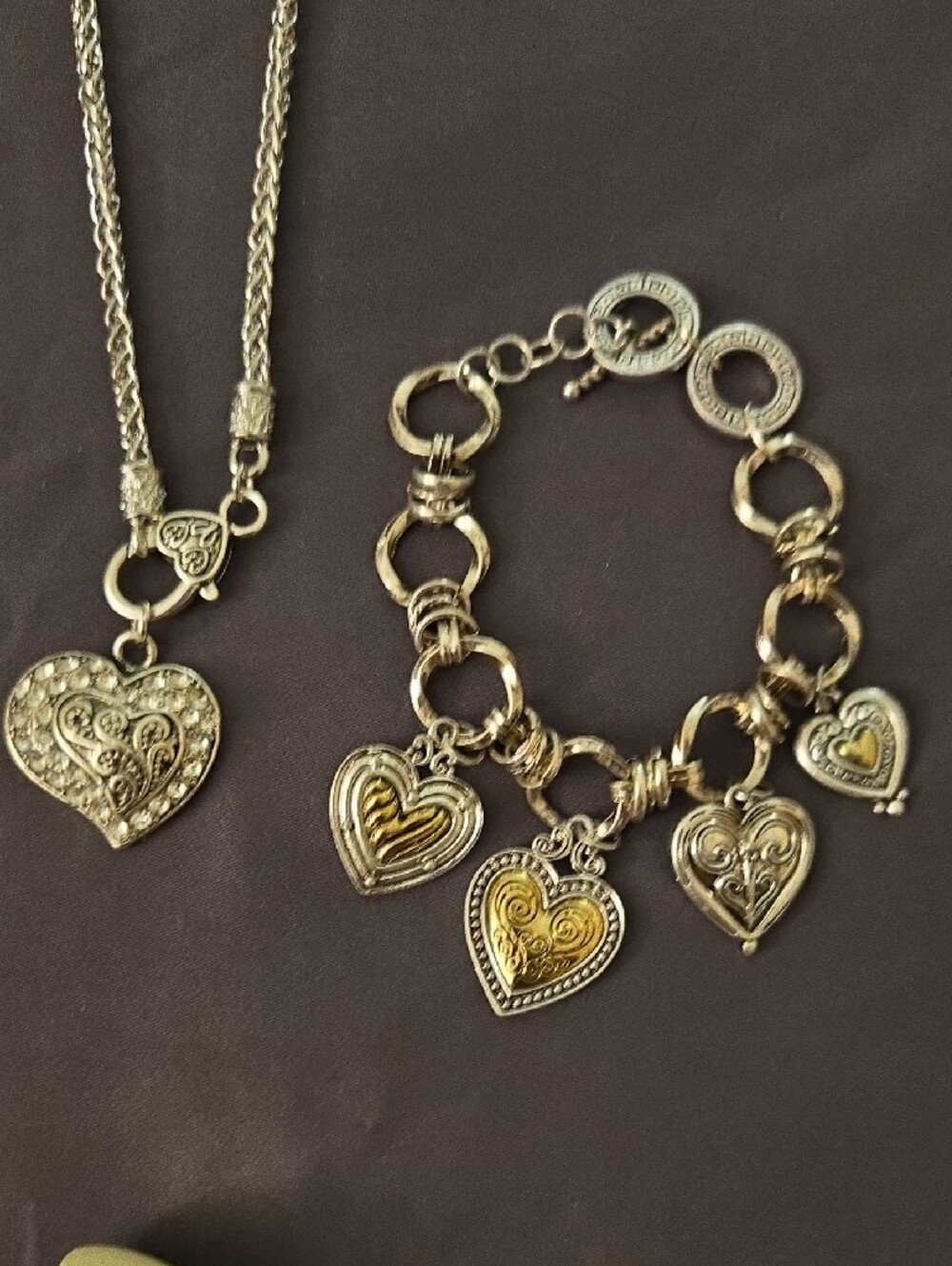 Silver Heart Charm Necklace and Bracelet Set - Women Jewelry